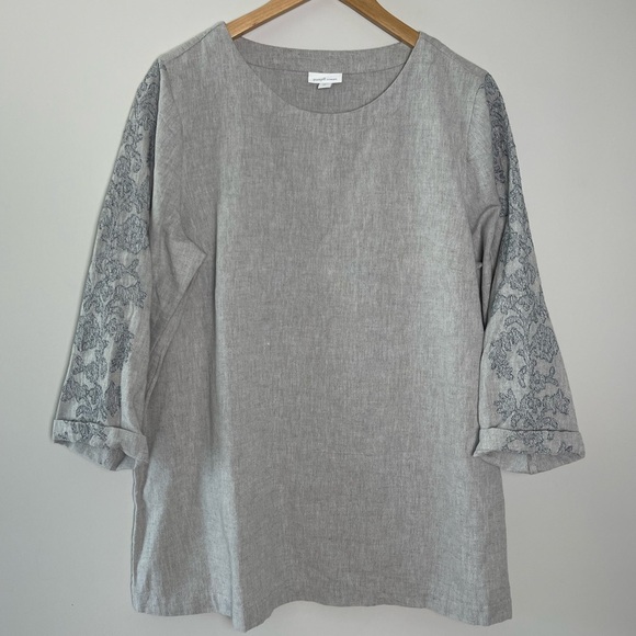J. Jill | PureJill | Cotton Linen Gray Blouse Embroidered Sleeves - Picture 1 of 6